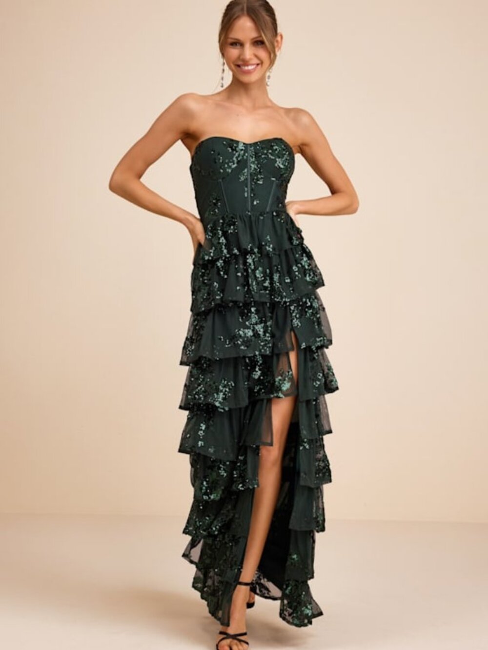 Lulus Definite Glamour Emerald Sequin Strapless Bustier Maxi Dress Green